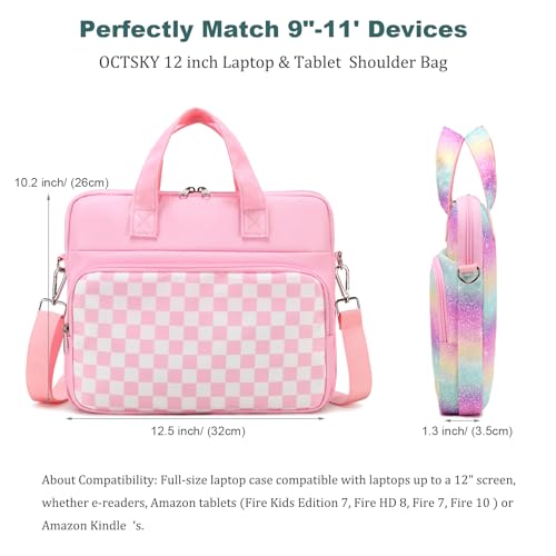 Octsky Tablet Sleeve Bag Kids Tablet/Ipad Carrying Bag 12.5 inch with shoulder strap, soft Lining - color: Checkered Pink