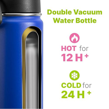 Kids Insulated Water Bottle with Straw-18 oz Stainless Steel Double Wall Vacuum Wide Mouth Water Bottle for School-Metal Travel Water Flask with Silicone Boot (Navy) - color: Navy, size: 18 Ounces