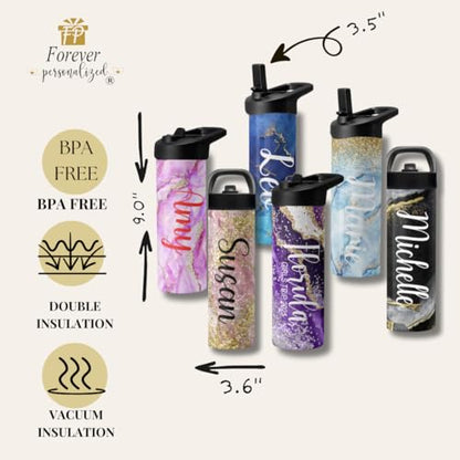 Personalized Leakproof Water Bottle 25oz | Gym Water Bottles | Running Cup | Pink Marble with Gold Glitter Effect with Name | Adult Custom Tumbler | ECO Friendly Inks - color: Pink and Gold