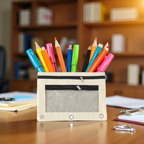 Jinshining 1pc Beige Pencil Pouch for 3 Ring Binder, Binder Pencil Case with Smooth Zipper,Clear Window Pencil Case,Big Capacity 3 Ring Binder Pencil Bag with 3 Reinforced Grommets,Binder Accessories
