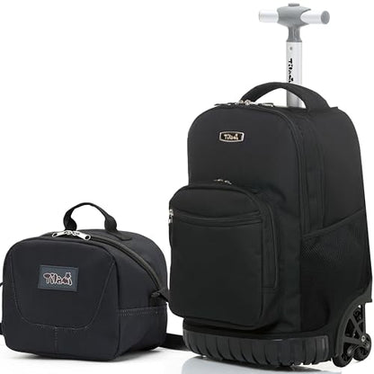 NEW TILAMI 16 Inch Rolling Backpack with Lunch Bag for Kids Adjustable Handle Carry-on Suitcase Wheels for Girls Boys School Travel Camping, Solid Black - color: Solid Black
