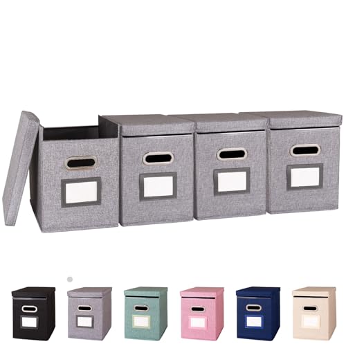 4 Pack Hanging File Folders Organizer with Lid, Letter Size Fabric File Storage Box Collapsible, Portable Office Document Holder with Metal Handle, Smooth PVC Rails, Gray - color: Gray, size: 4 Pack
