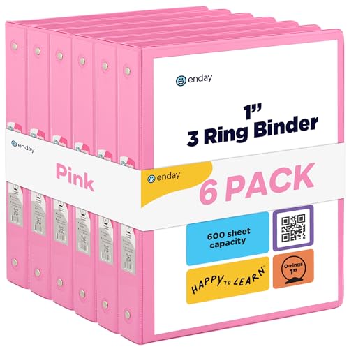 Enday 1 Inch Binder (6 Pack - Pink) 3 Ring Binder 1 inch with Clear View Cover and 2 Inside Pocket - for Letter Size 8.5 x 11'' Paper, Ideal for School Supplies, Office, and Home - color: Pink, size: 1-Inch