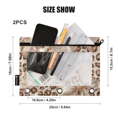 Gredecor 3 Ring Binder Pencil Pouch, Leopard Cheetah Bow Zippered Pen Case Pouches with Clear Window, 2 Pack Stylish Office & School Supplie - color: Leopard Cheetah Bow