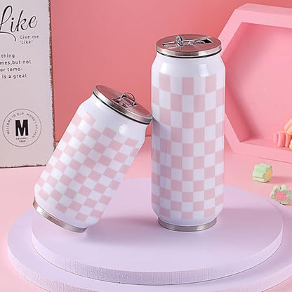 T&H XHome Pink Checkerboard Pattern 10oz Stainless Steel Tumbler with Lid & Straw-Double Wall Vacuum Insulated Travel Mug Soft Fabric Print Water Bottle Coffee Beverage Drinks Cup - size: 10 Ounces