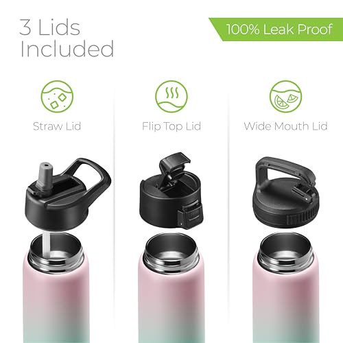 SipX™ 25 oz Insulated Water Bottle with 3 Lids – Leakproof Stainless Steel, Triple Insulated – Cold 24 Hours/Hot 12 Hours – Durable Bottle for School, Gym, Travel – Gradient Mint Pink - color: Gradiant Mint Pink, size: 25 Ounces