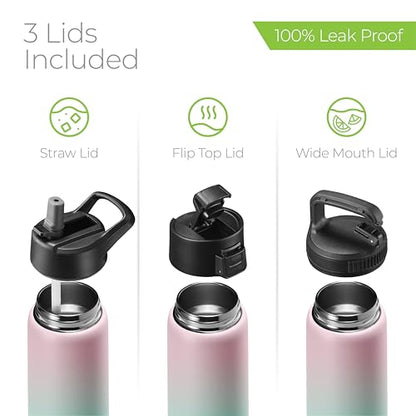 SipX™ 25 oz Insulated Water Bottle with 3 Lids – Leakproof Stainless Steel, Triple Insulated – Cold 24 Hours/Hot 12 Hours – Durable Bottle for School, Gym, Travel – Gradient Mint Pink - color: Gradiant Mint Pink, size: 25 Ounces