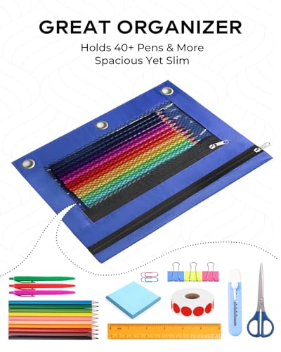 3 Ring Pencil Pouch for Binder, 2-Pocket Zipper Pencil Case with Clear Window & Mesh Pocket, Heavy Duty 600D Oxford Fabric Binder Pouch for School Office Supplies (Deep Blue) - color: Deep Blue