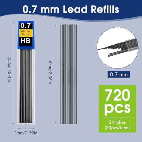 720 pcs 0.7 mm Lead Refills, Mechanical Pencil Lead HB, Break Resistant Pencil Refills, Black, 24 Tubes, 30 Pieces per Tube