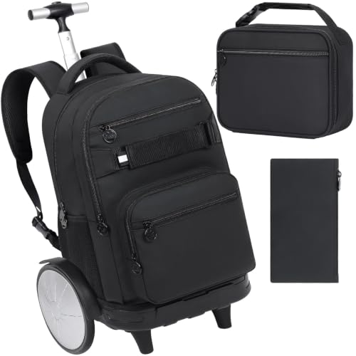 3Pcs Large Rolling Backpack for Teen Boys Men, 20 Inch Detachable Wheeled Bookbag with Lunch Box, Durable Oxford Cloth Roller Backpack for College School Travel (Black) - color: Large Wheels Classic Black