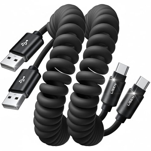 LISEN Coiled USB C Cable, 2 Pack for Android Auto & CarPlay Cable, Short USB A to USB C Cable C Gifts for Men Women ompatible with iPhone 17/16/15, Samsung Galaxy S25/S24/S23 A15/A14, Space Black 4FT - color: Space Black, size: 4FT
