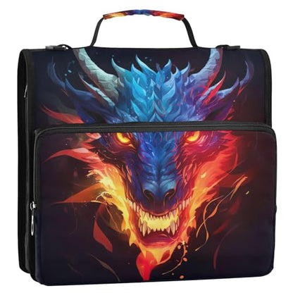 Zipper Binder Bag 3 Ring File Folder Portfolio Organizer Zippered Binder Bags with Strap Fits Laptop Women Men - color: Multi-dragon