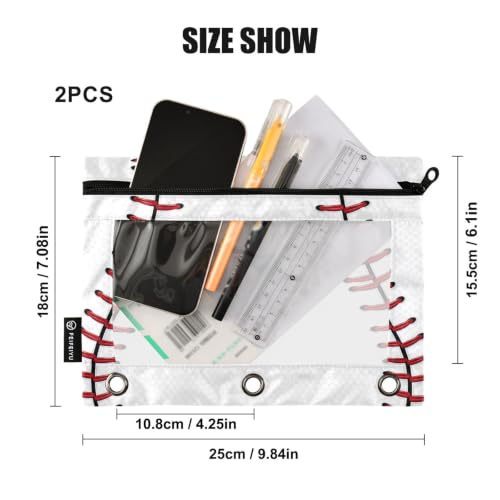Gredecor 3 Ring Binder Pencil Pouch, Ball Softball Basebal Laces (2) Zippered Pen Case Pouches with Clear Window, 2 Pack Stylish Office & School Supplie - color: Ball Softball Basebal Laces (2)