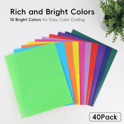 40 Pack Plastic Folders with Pockets, Letter Size, 10 Colors | 2 pockets with card slots; each pocket holds 50+ sheets. Water-resistant, tear-resistant folders for school, office, home