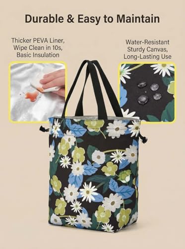 Double-Handle Lunch Bag, Insulated Waterproof Reusable Tote for Women/Students, Fits 2 Bento Boxes + Water Bottle - Ideal for School/Office/Picnic(Daisy) - color: Daisy