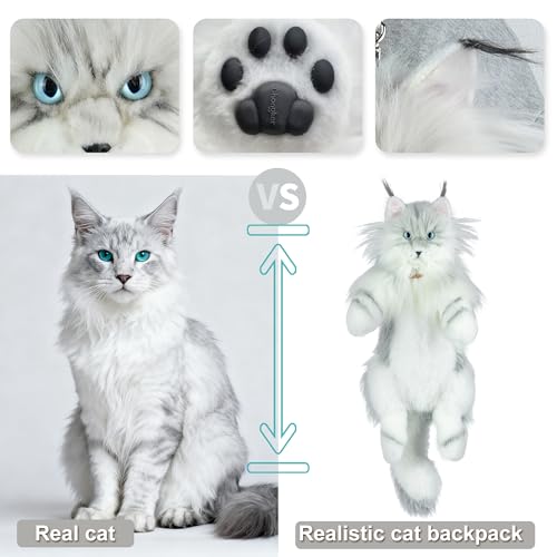 Chongker Cat Shaped Backpack - Handcrafted Stuffed Animals Plush Bag with Adjustable Shoulder, Crossbody, and Handbag Straps - style: Silvertiger Cat