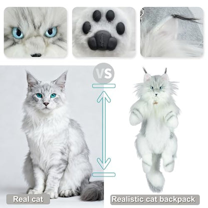 Chongker Cat Shaped Backpack - Handcrafted Stuffed Animals Plush Bag with Adjustable Shoulder, Crossbody, and Handbag Straps - style: Silvertiger Cat