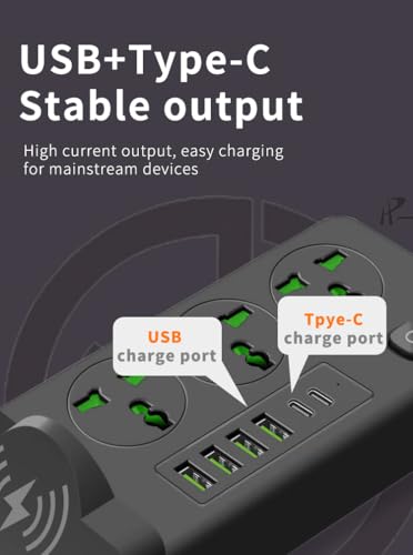 Universal Power Strip with 4 AC Outlets, 4*USB-A & 2*USB-C Ports, Fast Wireless Charging Stand, Surge Protector Extension Cord, Overload Protection Multi-Device Charging Station for Home & Office