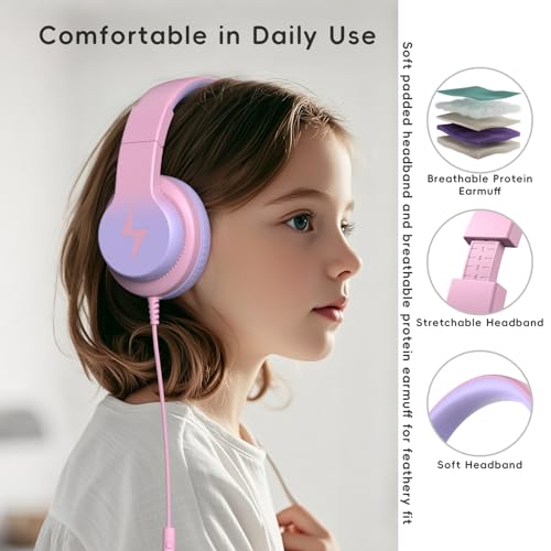 Candy Bila Kids Wired Headphones for Kids with Microphone, 85/94dB Volume Limiter Headphones for Girls Boys, Light Purple - color: Light Purple and Pink