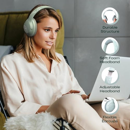 PowerLocus Bluetooth Headphones Over Ear, 50H Playtime with 4 EQ Modes Wireless Headphones with Microphone, HiFi Stereo Deep Bass, Soft Ear Cups, Foldable Lightweight Headset for Travel/Office/Workout - color: Mint