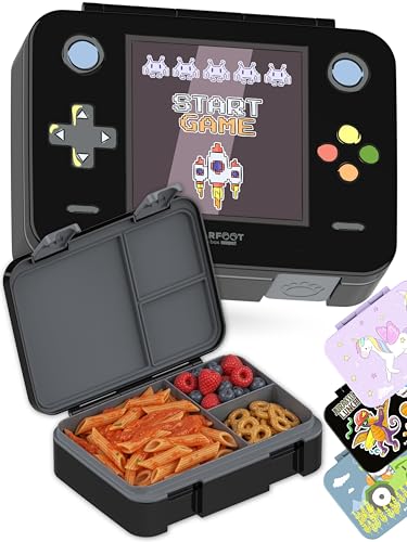 BEARFOOT Kids Lunch Box with Compartments – Compact & Lightweight | Leak-Proof, BPA-Free, Dishwasher Safe | Hand-Drawn Design for Preschool, School, Travel (Game Black, 4 Cups) | BPA Free Leakproof Lunch Box with Compartments School & Nursery for Girls &
