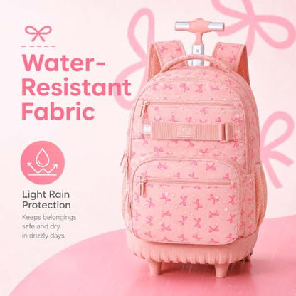 AGSDON Playful Bow Print Girls Rolling Backpack Set – 20” Roller Bookbag with Matching Lunch Box for Travel, Commute & School | Water-Resistant Fashion Wheeled Organizer in Pink - color: Rolling Backpack Set - Bow Pink