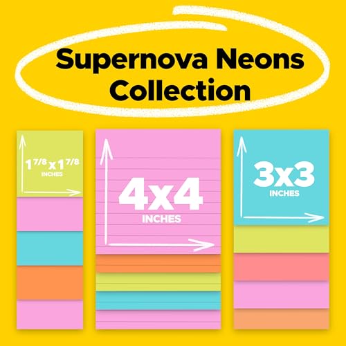 Post-it Super Sticky Notes, Multi-Size, Supernova Neons, 15 Lined Pads | School Supplies and Oﬃce Supplies, 2X the Sticking Power - size: 1 Pack