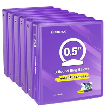 COMIX 3 Ring Binder 1/2 inch with Clear View Cover, 0.5" View Binder Holds 100 Sheets of US Letter Size Paper, 6 Pack (Purple) - color: Purple, size: 0.5 inch, style: 6-Pack