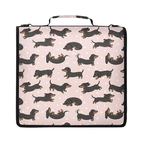 Cartoon Dachshunds 2inch 3 Ring Zipper Binder Multi-Pocket Storage Holds 14 Inch Laptop for Students and Office Use - color: Cartoon Dachshunds