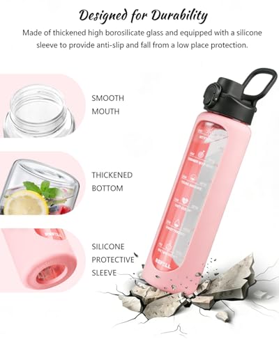 Nefeeko 32 oz Glass Water Bottles with Straw, Motivational Time Marker, 1 Liter BPA FREE Leakproof Reusable Glass Water Bottle with Silicone Sleeve, Bamboo Lid, Spout Lid - color: Pink