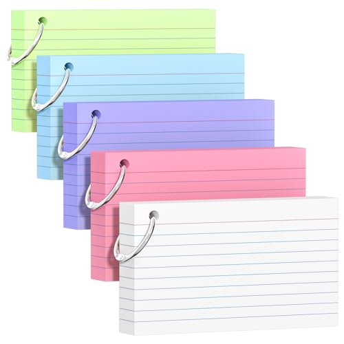 250 Count Colored Index Cards 3x5 Inch with Key Ring, 180gsm Heavy Weight Flash Cards 5 Color (50 Sheets Each) Portable Note Taking for Students, Teachers, Study Note Cards for Office School Supplies - color: 5 Multicolor