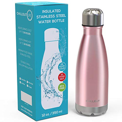CHILLOUT LIFE 12oz Kids Insulated Stainless Steel Water Bottle, Leak Proof | Small Metal Water Bottle, Keeps Drinks Cold 24H & Hot 12H, Leak-Proof Screw Lid, Perfect for School, Travel & Sports - color: Rose Gold