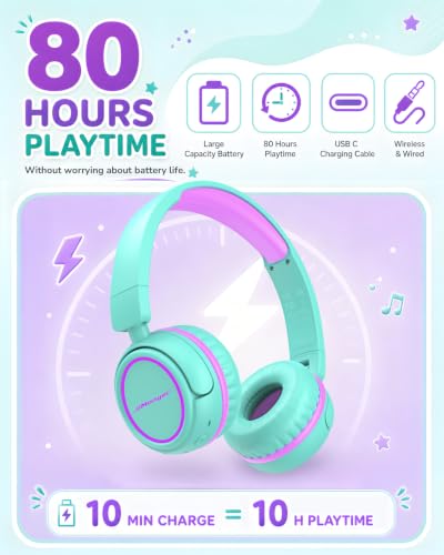 Kids Bluetooth Headphones, 80H Playtime Lightweight Wireless Headphones for Kids, 85/94dB Safe Volume Limit, Bluetooth 5.4, Built-in Mic kids headphones for School, Travel, iPad, Tablet（Green） - color: Greenpurple