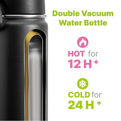 Kids Water Bottle with Straw-16 oz Stainless Steel Double Wall Vacuum Insulated Wide Mouth Water Bottle for Bakc School, Travel Leak-Proof Metal Water Flask (Black) - color: Black, size: 16 Ounces