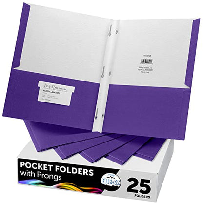 FILE-EZ Two-Pocket Folders with 3-Prong Fasteners, Purple Color, 25-Pack, Durable Textured Paper, Matte Finish, Letter Sheet Size (EZ-92545) - color: Purple