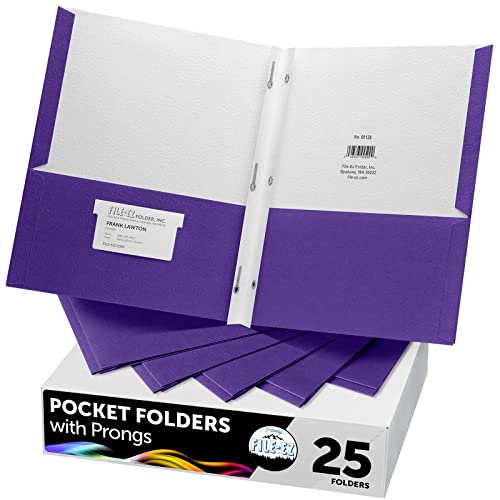 FILE-EZ Two-Pocket Folders with 3-Prong Fasteners, Purple Color, 25-Pack, Durable Textured Paper, Matte Finish, Letter Sheet Size (EZ-92545) - color: Purple