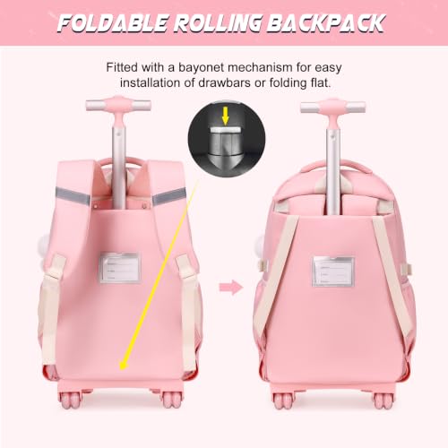 DIGOBAY Rolling Backpack for Girls, Girls Roller Backpack with Lunch Bag and Pencil Case, School Bookbag with Wheels for Elementary Middle High School Travel, Pink - color: Pink