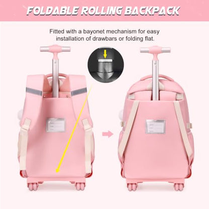 DIGOBAY Rolling Backpack for Girls, Girls Roller Backpack with Lunch Bag and Pencil Case, School Bookbag with Wheels for Elementary Middle High School Travel, Pink - color: Pink