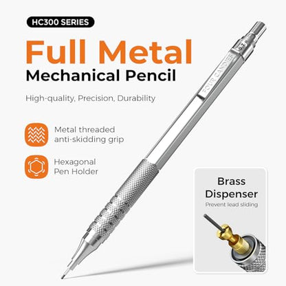 Four Candies 2PCS 0.5mm & 0.7 mm Metal Mechanical Pencils Set, 360PCS Lead Refills, 12 Erasers, Cool Lead Pencil with Case for School Writing, Sketching, Technical Work, Art Projects, Silver - color: Silver