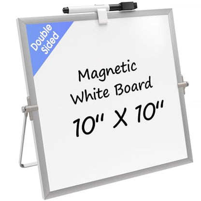 MaxGear Small White Board with Stand, 10" x 10" Double-Sided Whiteboard | Desk Mini Dry Erase Board for Drawing, Kitchen Grocery List, Memo, Planning, Magnetic Surface Aluminium Frame - size: 10"W x 10"H