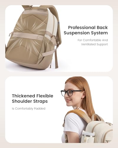 LOVEVOOK Laptop Backpack, 17" Carry On Airline Approved, Personal Item Bag Meets FAA Size, Trolley Sleeve Slides Over Suitcase, Waterproof Daypack for Travel College with Mini Pouch - color: Beige - Light Pink, size: 17 Inch