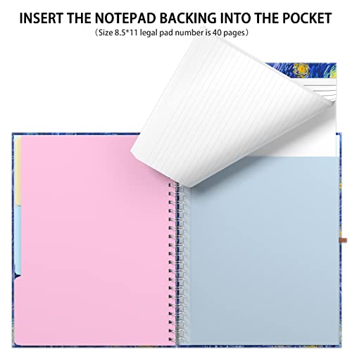 Rimilak Spiral Clipboard Folio with Refillable Lined Notepad, 14.5 x 9.8 In, Hardcover Cover with 5 Interior Pockets, Elastic Band and Pen Loop Series. Cute Stylish Clipfolio, Starry Sky - color: Van Gogh Starry Sky
