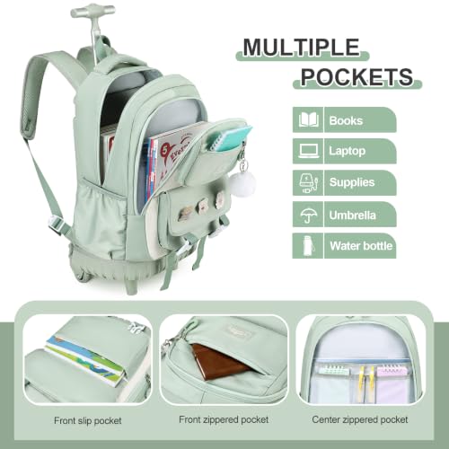 DIGOBAY 3-IN-1 Kids Rolling Backpack for Girls with Lunch Bag Pencil case, Green Kawaii Backpack with Wheels for Girls Roller School Bag with Wheels for Teen Elementary School Bookbags with Cute Pins - color: Green