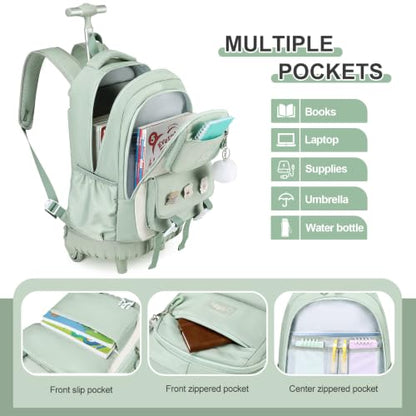 DIGOBAY 3-IN-1 Kids Rolling Backpack for Girls with Lunch Bag Pencil case, Green Kawaii Backpack with Wheels for Girls Roller School Bag with Wheels for Teen Elementary School Bookbags with Cute Pins - color: Green
