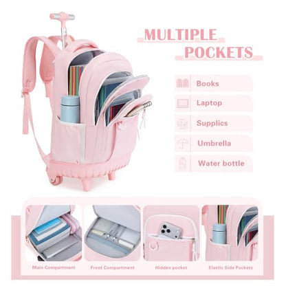 DIGOBAY Rolling Backpack for Girls, Cute Girls Backpack with Wheels, Kids Wheeled backpacks Set with Lunch Bag Pencil Case for Teen Girl, Roller School Bag with Wheels for Elementary Middle School - color: Pink