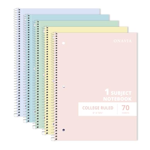 ONAVIA 1 Subject Spiral Notebook College Ruled 5 Pack, 140 Pages, Assorted | 70 Sheets, 8 x 10.5 in, 3-Hole Punched, School Notebook, Writing Notebook, Students, Study - color: Assorted Colors, size: 7.5 x 10.5''
