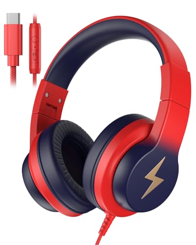 Candy Bila USB C Kids Headphones for School, HD Mic Stereo Sound, 85/94dB Safe Volume, Foldable Wired Over Ear Headphones for Travel, Toddler, Boys, Girls, Tablet, iPad, Gradient red to Dark Blue - color: Gradient red to Dark Blue