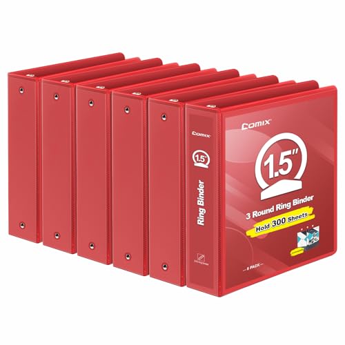 COMIX 3 Ring Binder 1.5 inch with Clear View Cover, 1.5" View Binder Holds 300 Sheets of US Letter Size Paper, 6 Pack (Red) - color: Red, size: 1.5 inch, style: 6-Pack