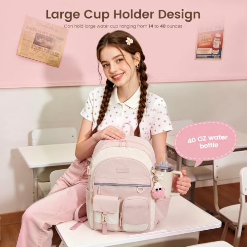 LOVEVOOK School Backpack for Teen Girls, Student Backpack Purse for 8-16 Teenage, Cute Kid Bookbag with Large Cup Holder, Back to School Backpacks Fit 15.6 Inch Laptop, Large College Travel Bag Gift - color: Light Green-white-pink With Reflective Strip, s