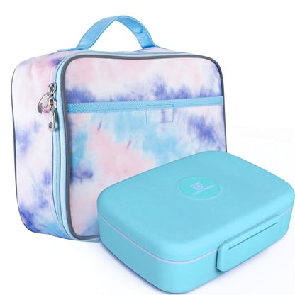 Fenrici Girls Lunch Bag and Bento Box Set, Insulated Kids Lunch Box for Girls, Boys with 5 Compartment Container, Utensils Included for School, BPA Free, Pink Tie Dye, Pastel Blue Bento - color: Pink Tie Dye
